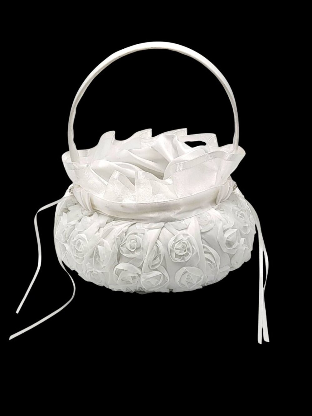 White Satin Flower Girl Basket With Ribbon & Rosette Details For Wedding Ceremon